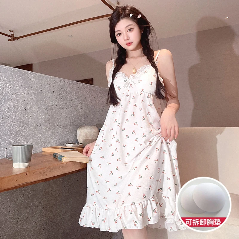 2024 Summer Cotton Print Sexy Lace Lingerie Spaghetti Strap Nightgowns for Women Korean Sleepwear Nightdress Night Dress Nighty