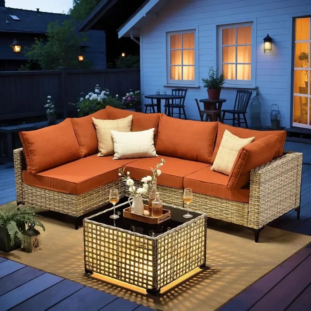 L-Shaped Outdoor Sectional Patio Furniture Set with Glowing Table, 5-Piece Wicker, Orange-Red