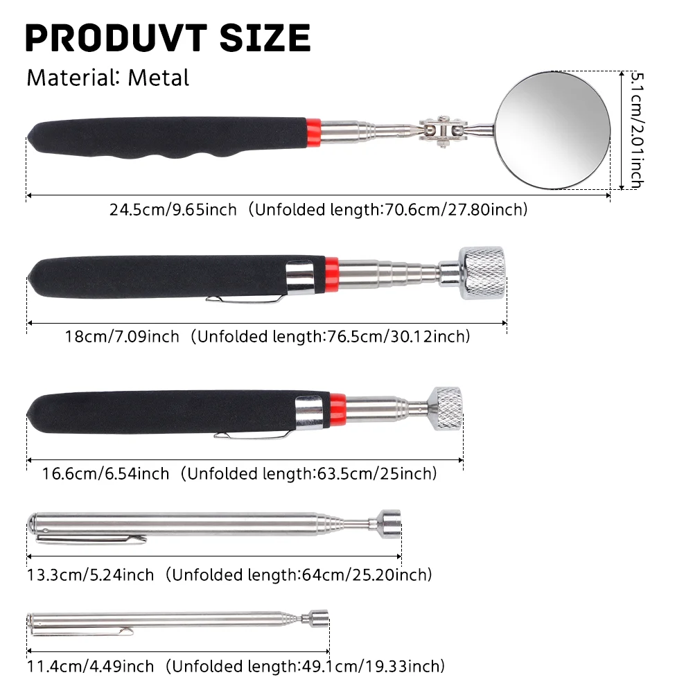 5PCS Portable Telescopic Magnetic Picking Up Tool with 360° Inspection Mirror For Extra Viewing Pickup Dead Angle Repairing Tool