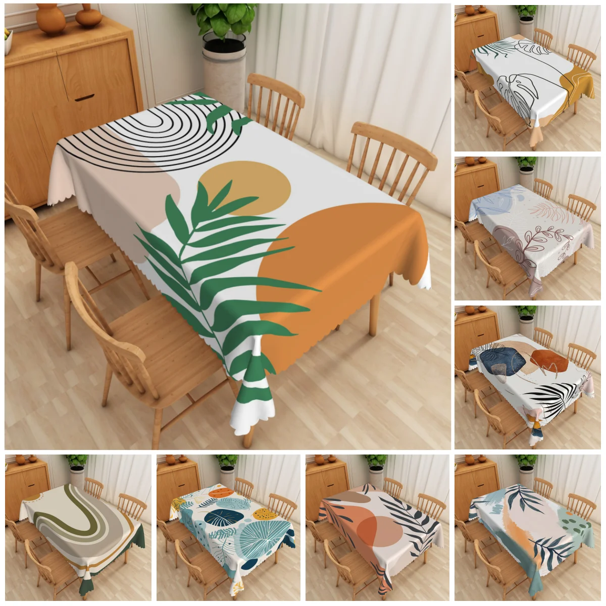 Modern Abstract Tablecloth with Leaf Pattern Scalloped Edge Polyester Waterproof Dining Table Cover for Home Kitchen Decoration