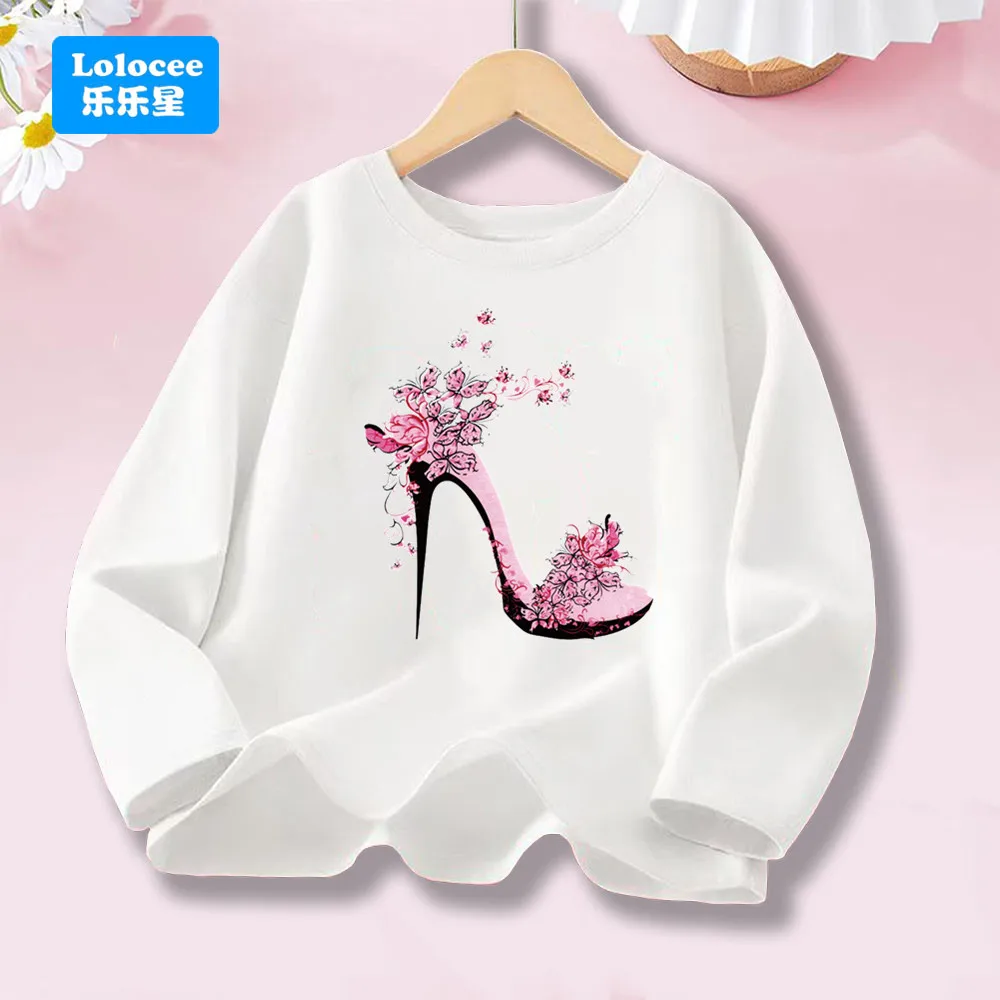 

Детская футболка с цветочным принтом и бабочкой на высоком каблуке, повседневный топ с длинными рукавами для девочек, модная весенне-осенняя одежда для девочек GGX1