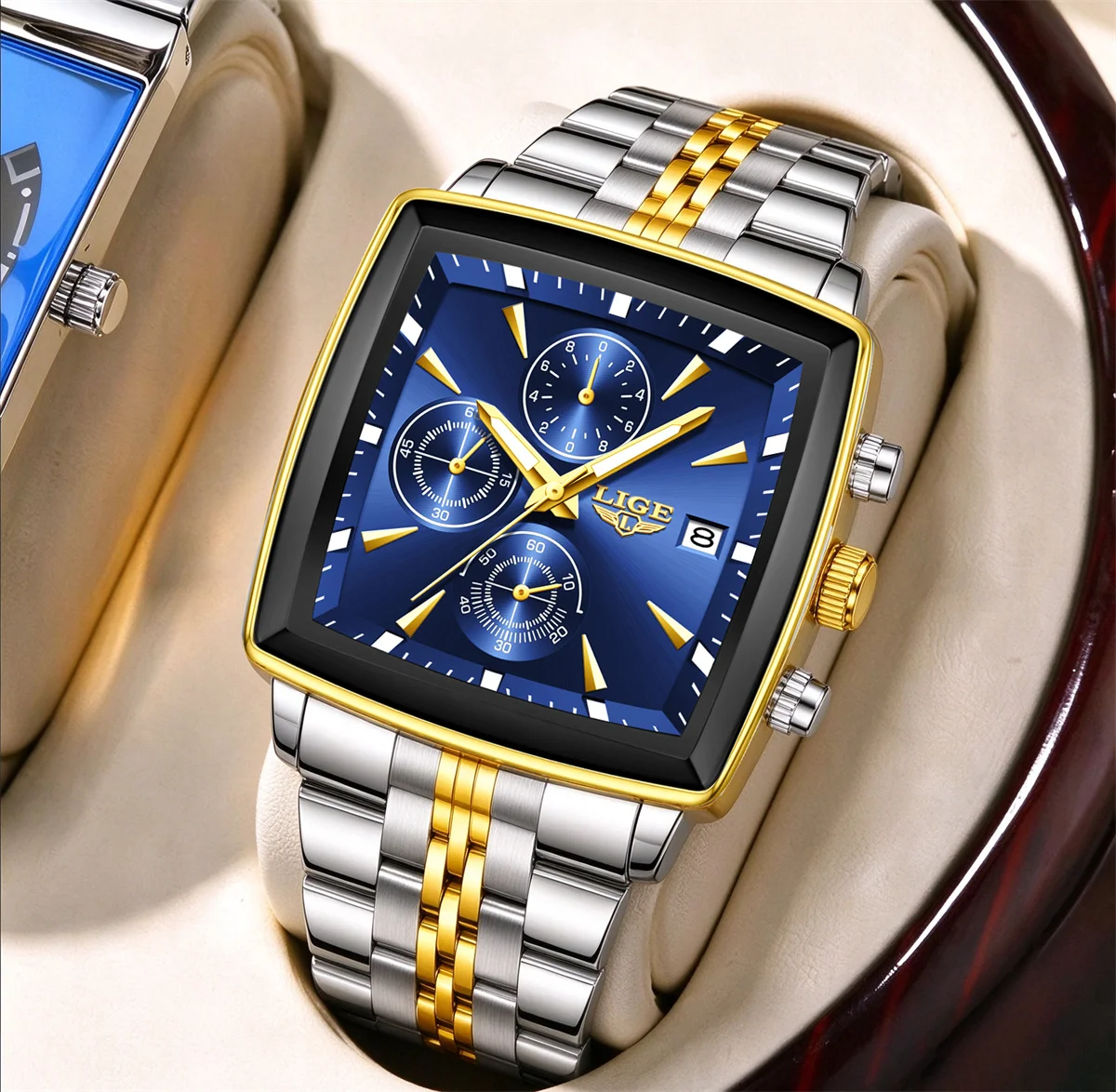 LIGE Luxury Square Dial Men Quartz Wristwatch Fashion Stainless Steel Man Business Watches With Calendar Reloj Hombre Box