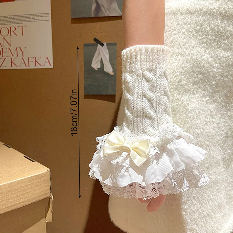 Lolita Bowknot Fake Sleeve for Women Girls Knitted Lace Ruffles Cuffs False Sleeves Gothic Fingerless Detachable Wrist Warmer