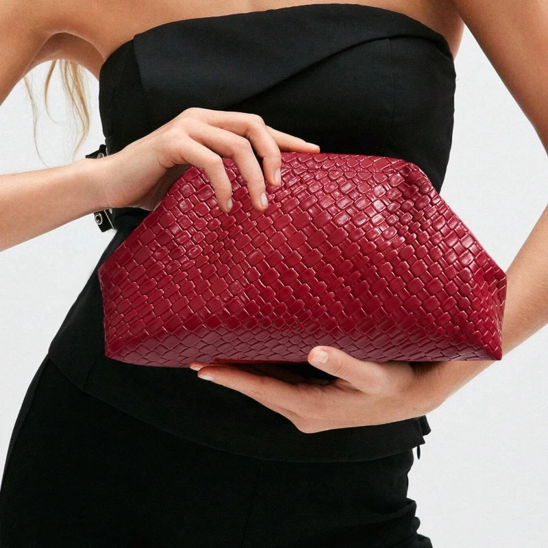 2026 Spring New Design Artificial Leather Woven Pattern Clutch Bag for Women Large Capacity Burgundy Phone Evening Bag
