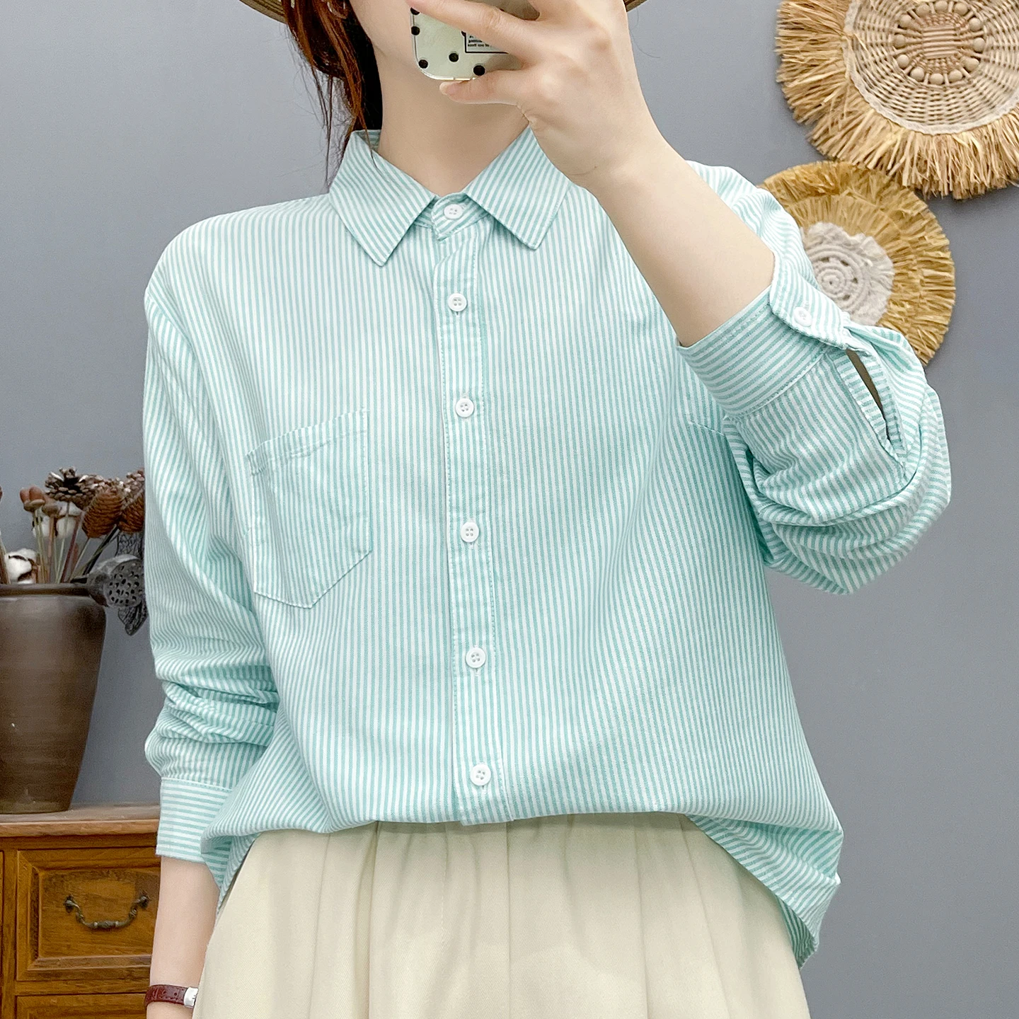 Blusa 100% de algodón de alta calidad para mujer, camisa de algodón Oxford con rayas giratorias, camisa de manga larga para mujer, blusas con solapa de tiras OL, Top