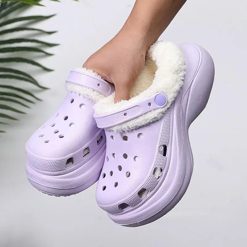 

2022 Winter Women Shoes Slippers Fur Heels Garden Shoes Wedges Brand Punk Female Keep Warm Short Plush Platform Shoes For Woman