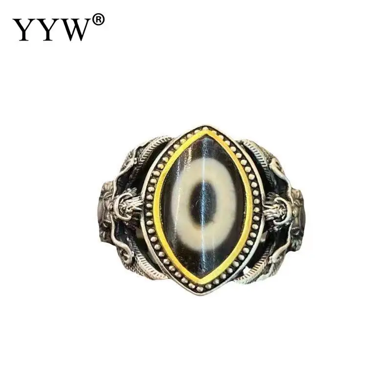 Vintage Brass Cuff Adjustable Finger Ring With One Eye Tibetan Agate Beads For Unisex Men Antique Finish Us Ring Jewelry Gift