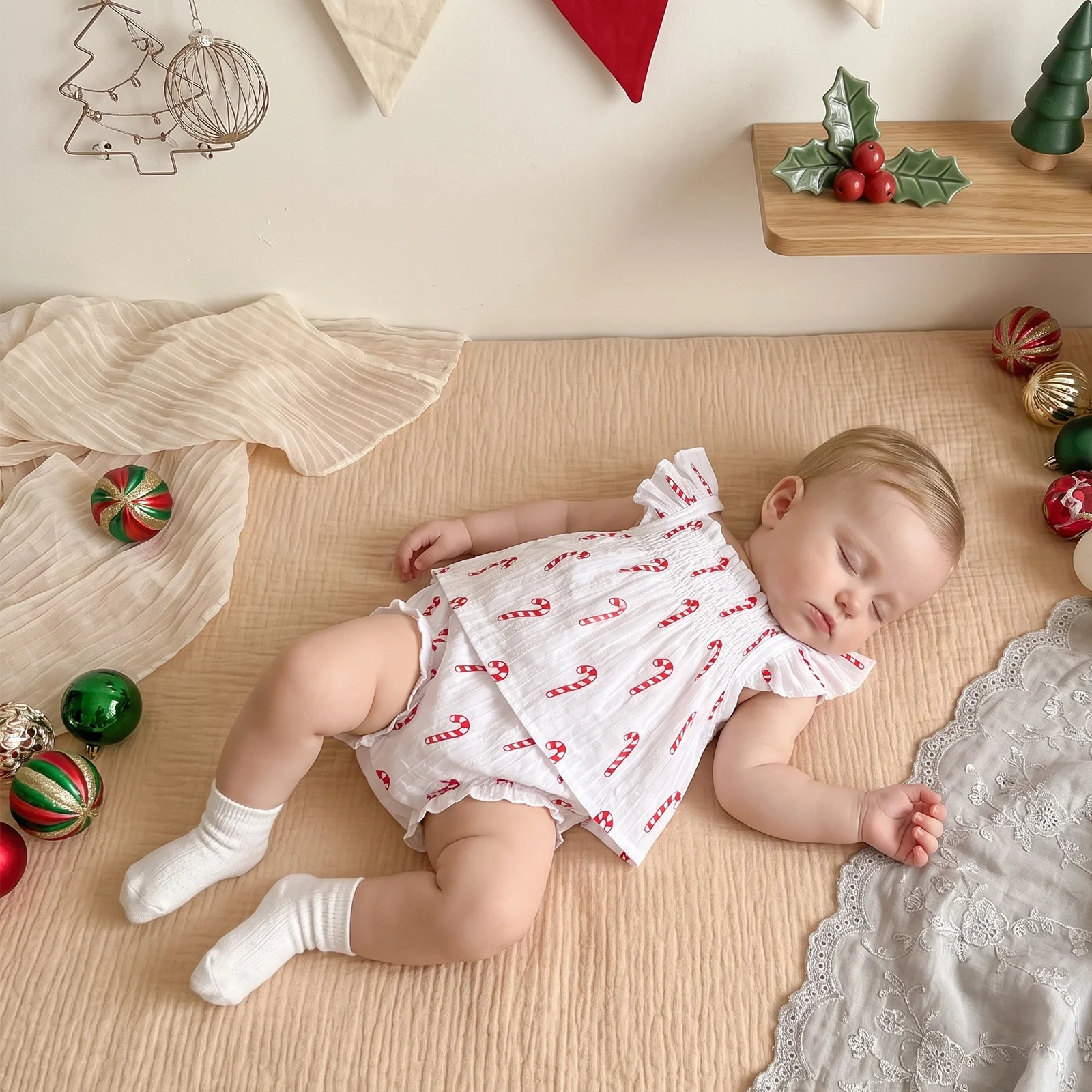 Baby Girl Christmas Outfit Flying Sleeve Ruffle Tops and Bloomer Shorts Set