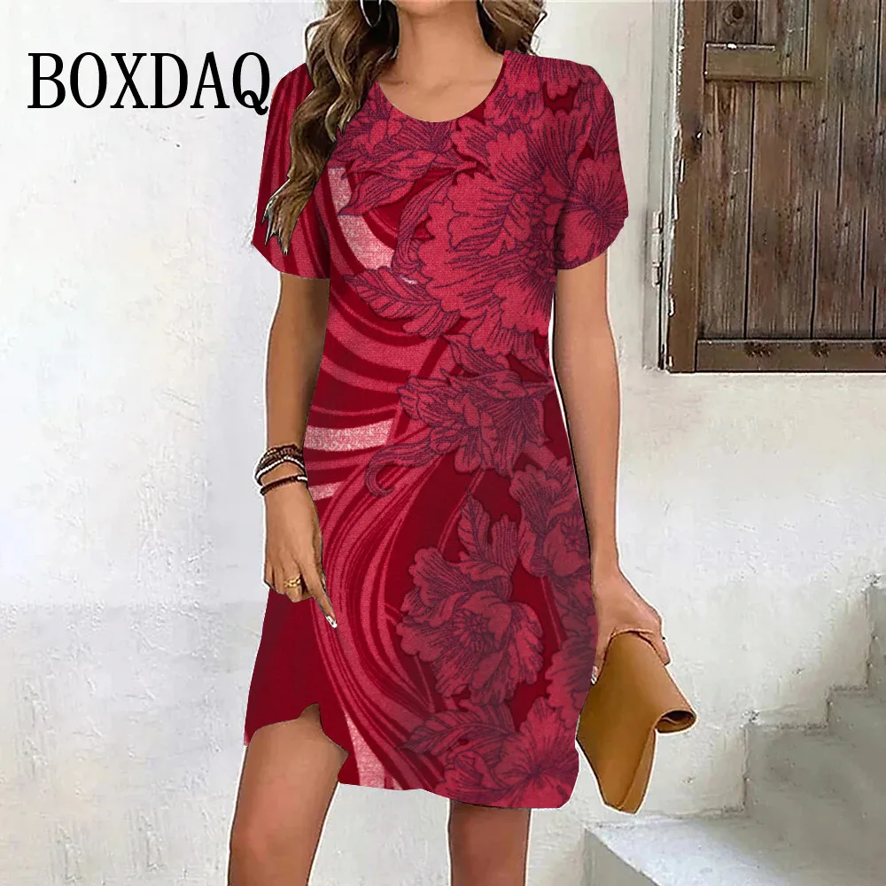 Red Flower Print Summer Retro Dress Women Pullover Short Sleeve Plus Size Mini Dress Casual Ladies Clothes 6XL Vestidos Sundress