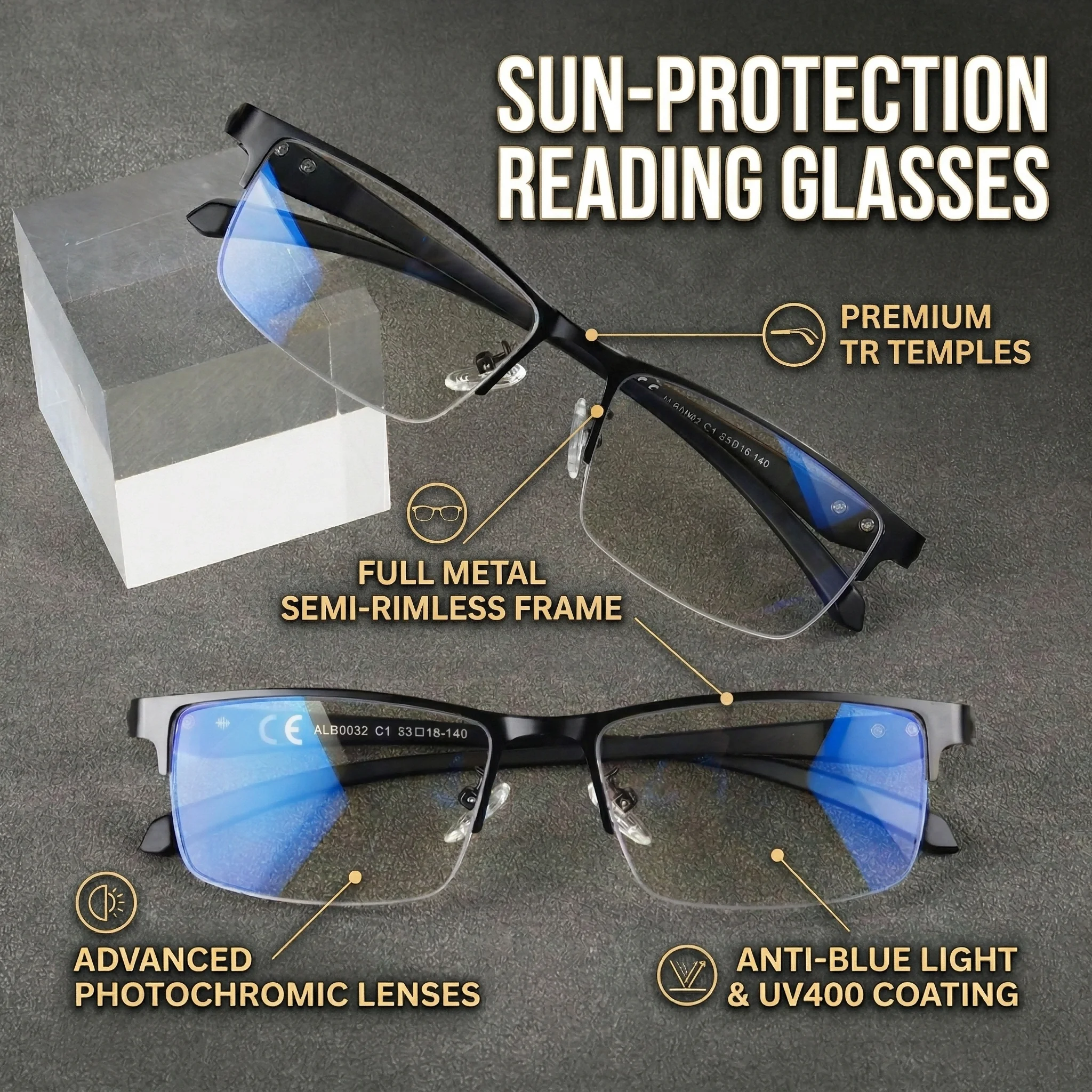Lunettes de lecture progressives multifocales photochromiques pour hommes et femmes, monture légère et durable en TR90, style de designer de luxe, verres transparents 032