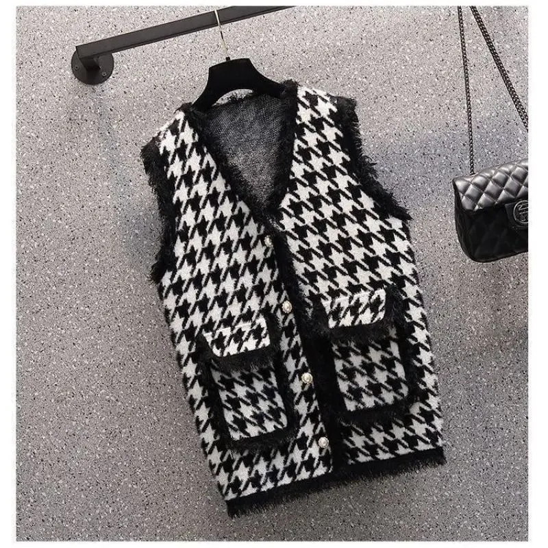 Women's Spring Autumn New Plaid Vest Coat Slim Fit Bottom Coat Age Reducing High Waist Micro Ragged Pants Three Piece Suit