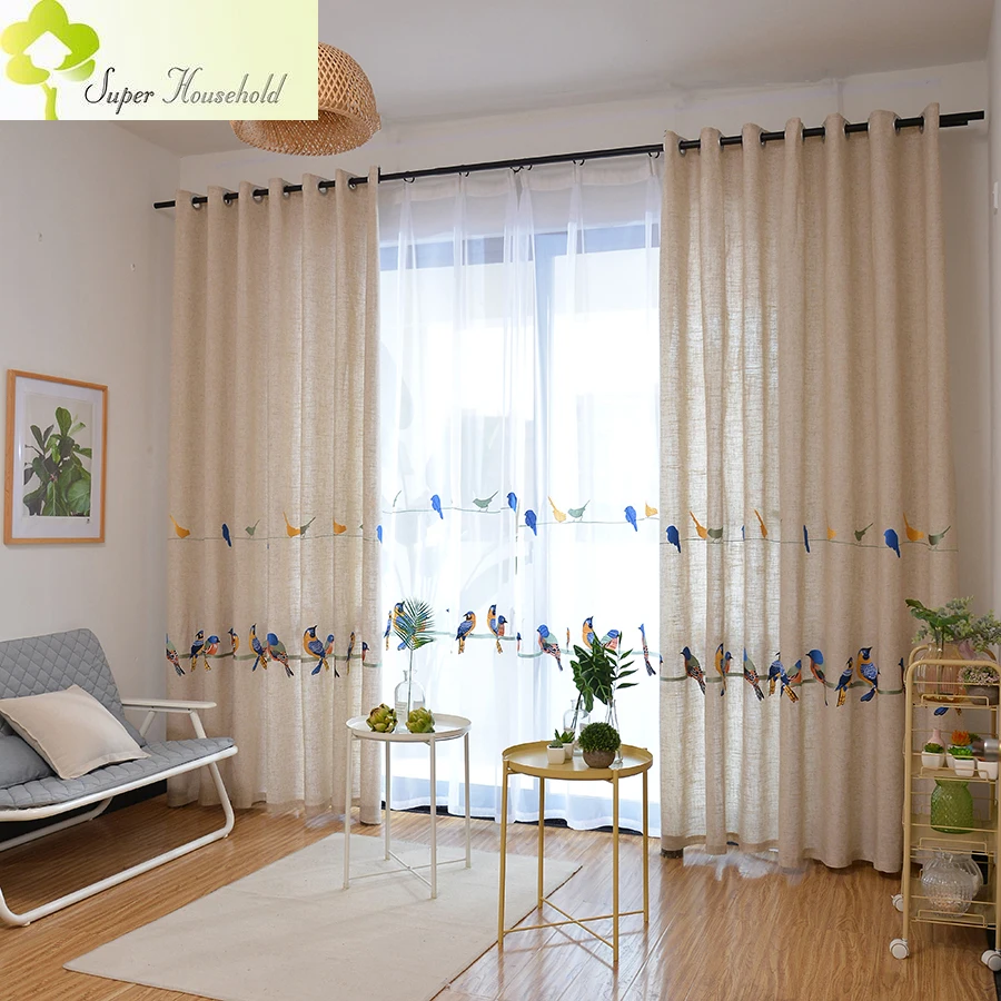 Modern Embroidered Bird Curtains Living Room Cotton Linen Window Tulle for Kid Bedroom Elegant White Sheer Curtain for Kitchen