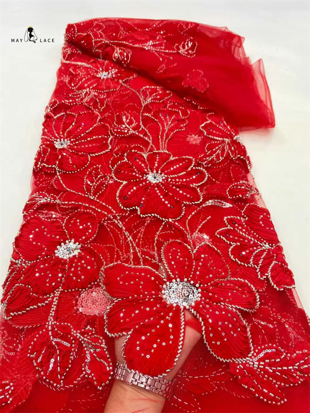 

Red African Heavy Beaded Lace Fabric High Quality 5 Yards 2025 Nigerian Sequins Tulle Lace Fabric Wedding Party Dress Sewing
