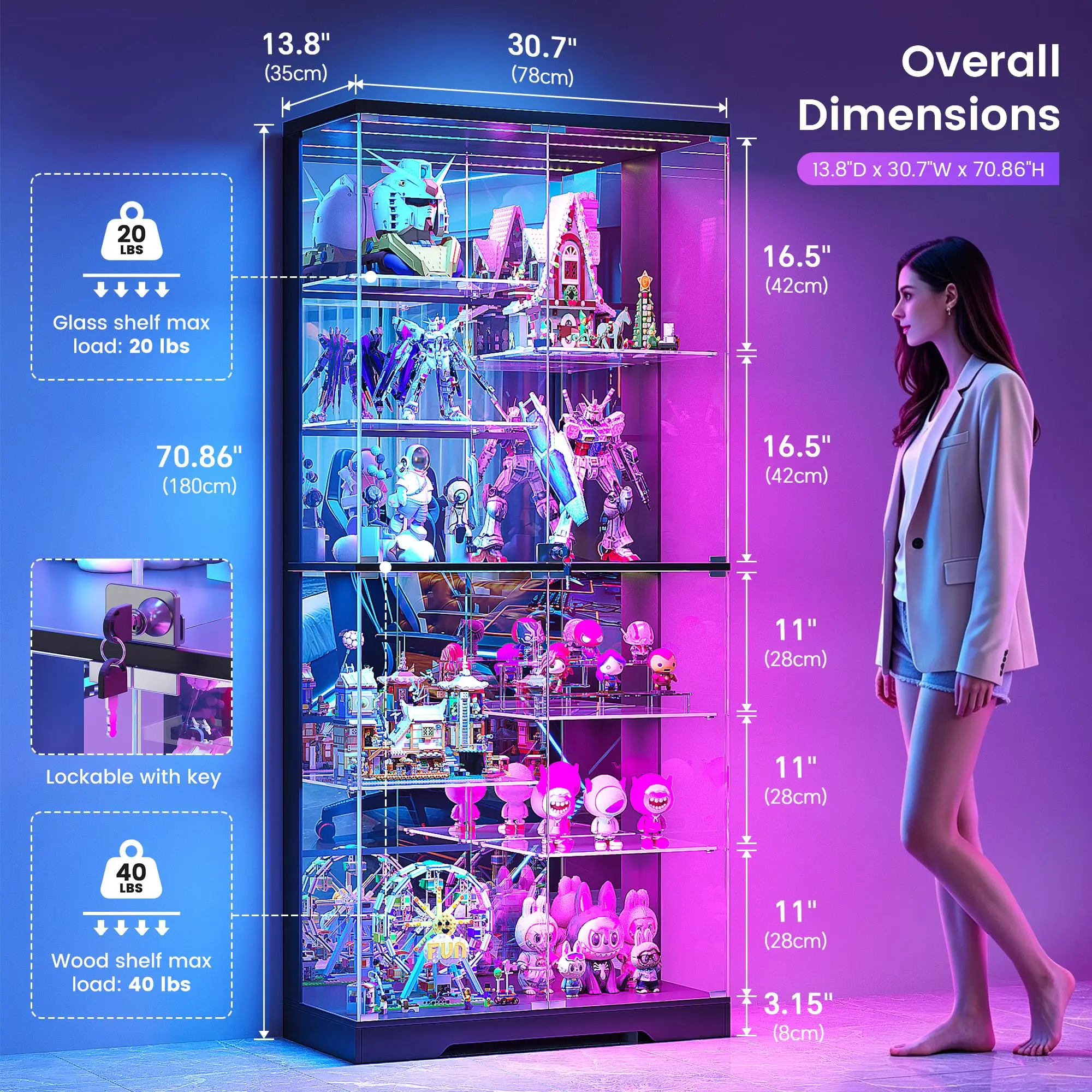 10-Tier Glass Display Cabinet with RGB Light and Motion Sensor,Black