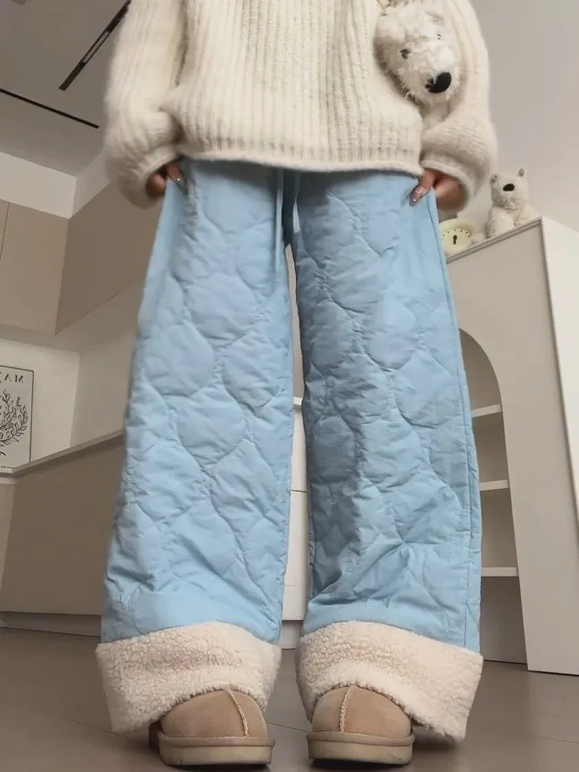 Winter Warm Y2k Pants Wide Ladies Clothes Loose Thermal Wide Leg Pants Chic High Wiasted Baggy Sweatpants Snow Straight Trousers