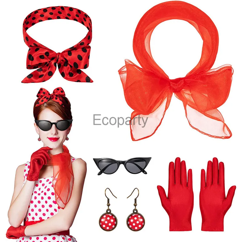 Women 1950's Costume Accessories Vintege Polka Dot Headband Necklace Chiffon Scarf Eyeglasses Earrings Set Girls Party Outfits