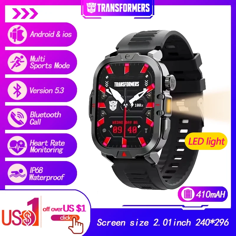 2024 TRANSFORMERS TF-H08 Bluetooth Smart Watch Men 410mAH Long Endurance LED light Outdoor Waterproof Sport 2.01-inch Smartwatch