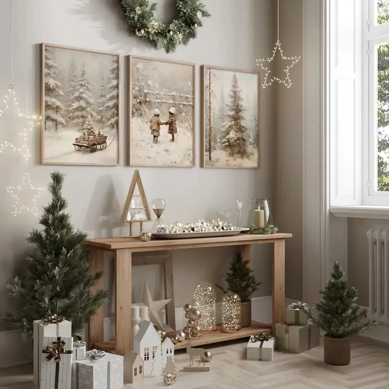 

3pcs/Set Retro Forest Pine Snow Scene Wall Art, Christmas Rural Landscape Painting Printed Materials, Winter Holiday Home Decor