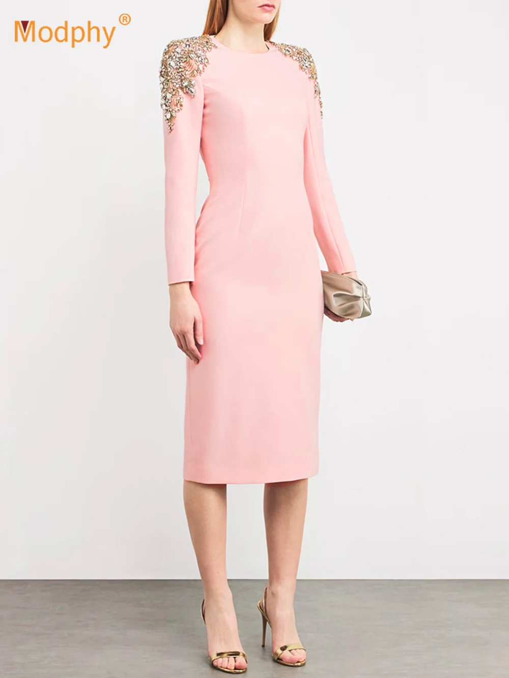 Modphy New Arrivals Fashion Luxury Diamond Slim Midi Dress Pink Women'S Long Sleeves Female Formal Dinner Gowns