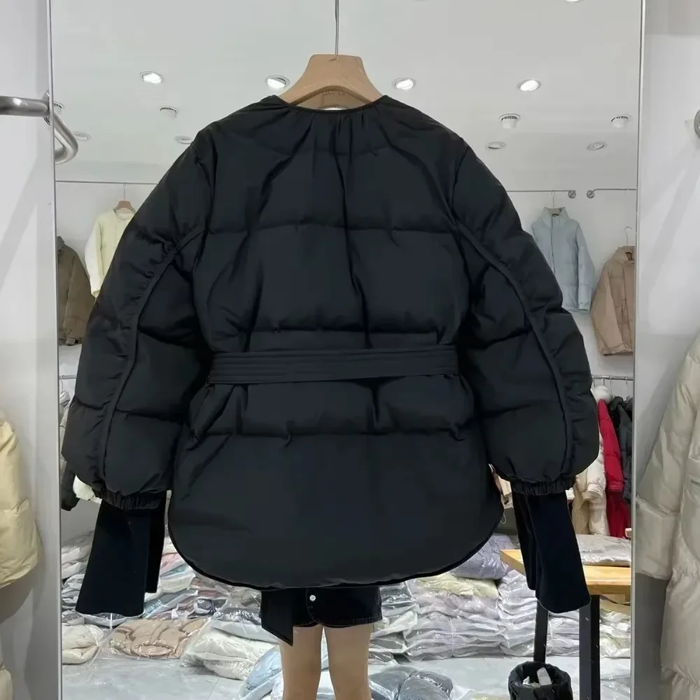 2024 novo inverno feminino design de luxo quente puffer jaqueta feminina 90% pato branco para baixo casaco com cinto fino com decote em v outwear