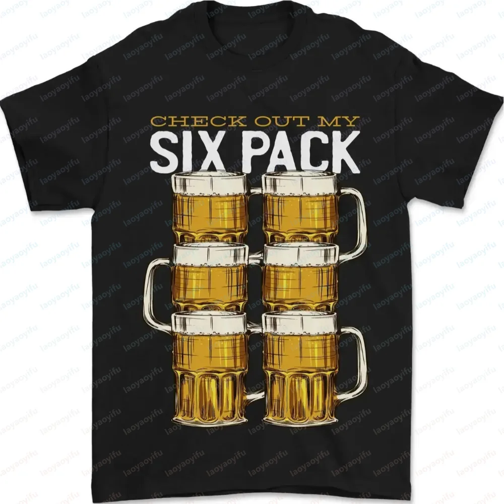 Camiseta divertida para amantes de la cerveza con la frase "Check Out My Six Pack", camiseta informal de algodón para hombre, camiseta humorística con estampado gráfico de bebidas, manga corta para fiesta