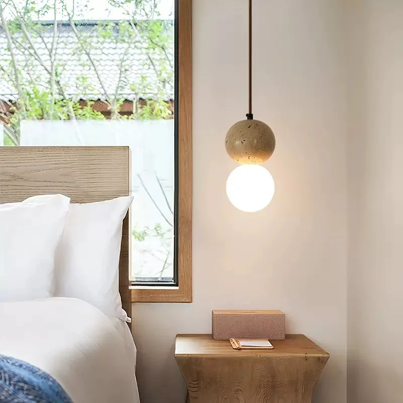 

Wabi Sabi Japanese bar counter chandelier Nordic dining table living room bedroom kitchen Droplight yellow Travertine lamp