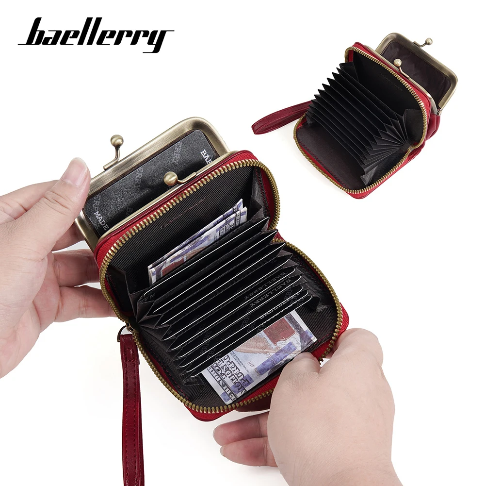 محفظة Baellerry النسائية من البولي يوريثان، محفظة عملات معدنية بسحاب مع 12 فتحة للبطاقات ونافذة لبطاقة الهوية (وردي أحمر الخدود، 8 جيوب)