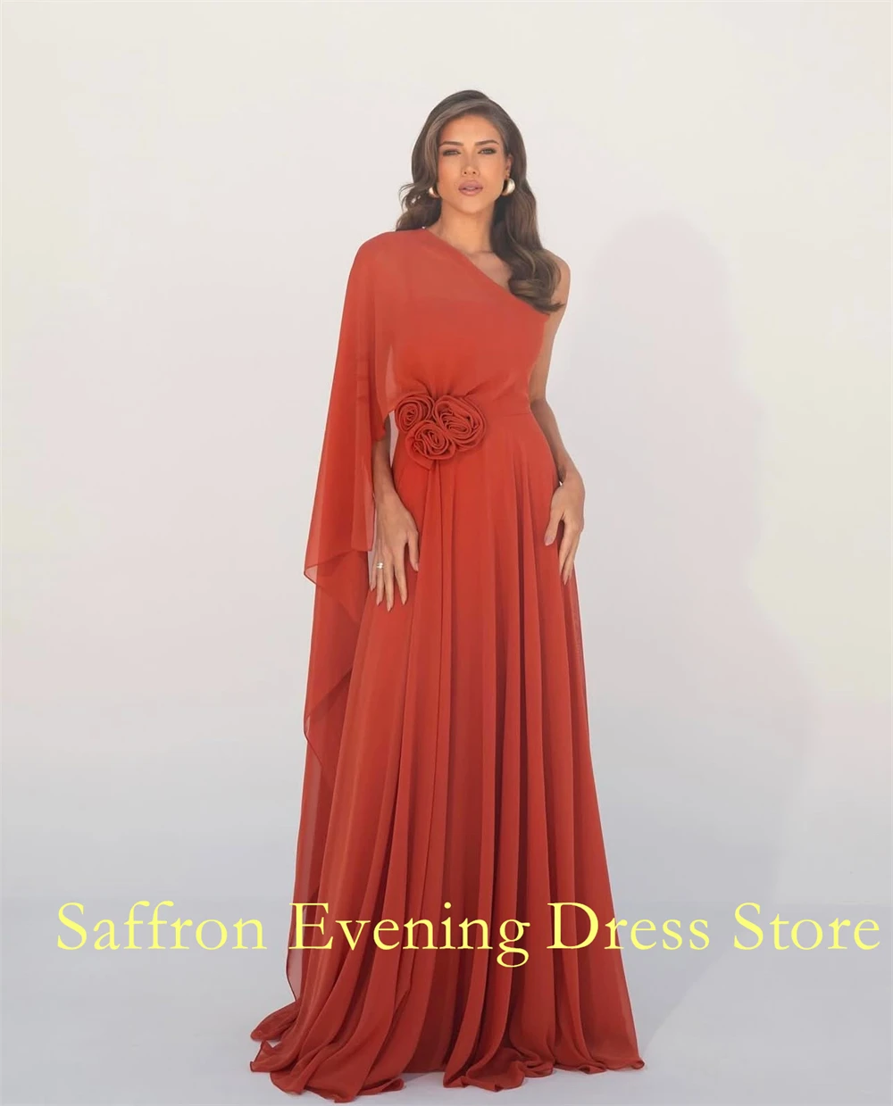 فستان سهرة مخصص بالزهور الحساسة رشيق بكتف واحد للحفلات فستان كلاسيكي من الشيفون على شكل حرف a وسحاب خلفي للمشاهير