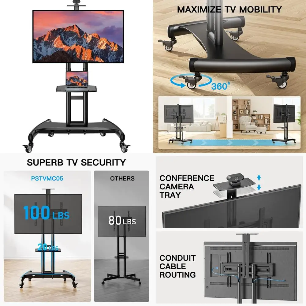 عربة تلفزيون متنقلة مع إمالة وعجلات لأجهزة التلفاز ذات الشاشات المسطحة مقاس 32-82 بوصة، تحمل ما يصل إلى 10 رطل