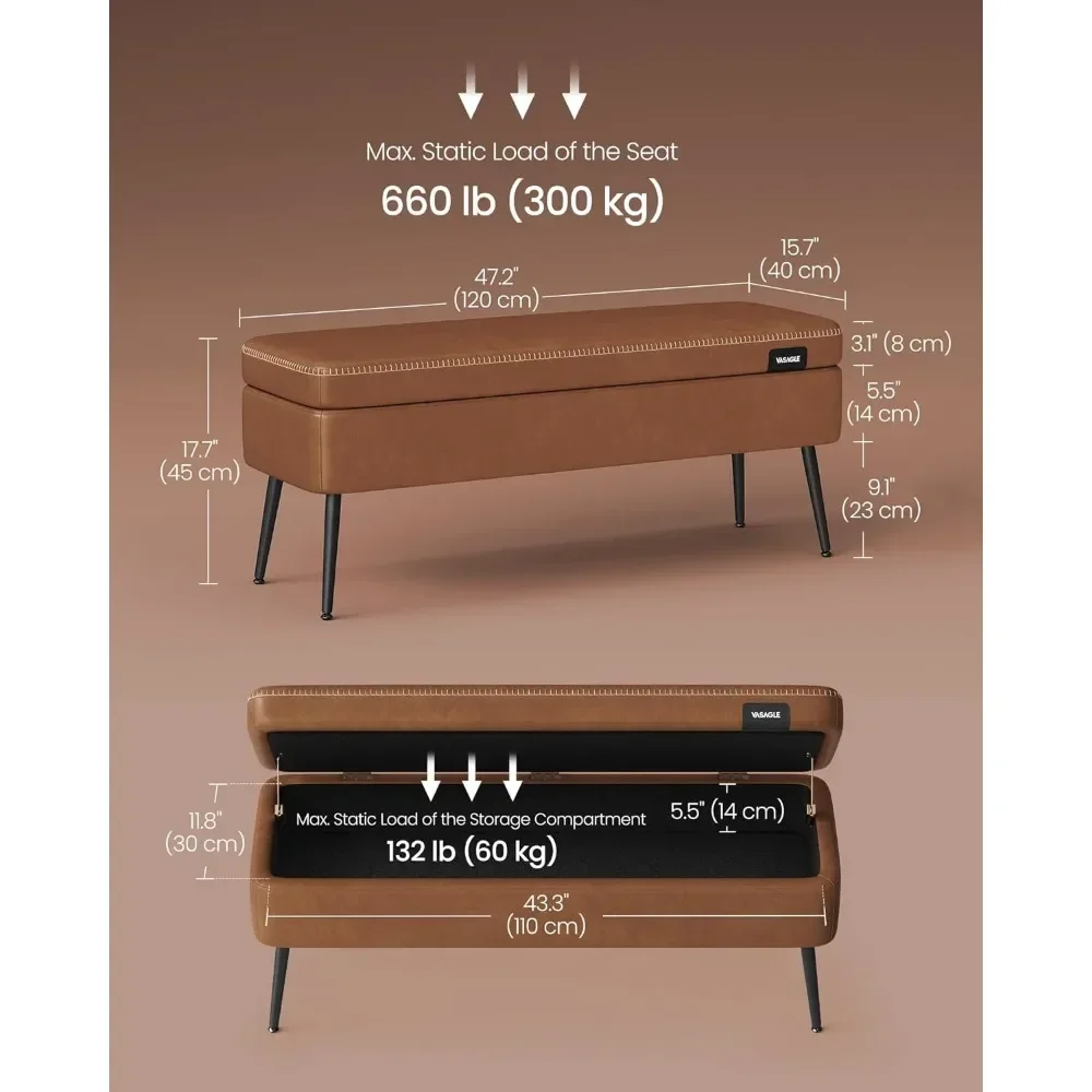 Storage Ottoman Bench, Entryway Bedroom Bench, Synthetic Leather with Stitching, Safety Hinges, Loads 660lbs, Caramel Brown