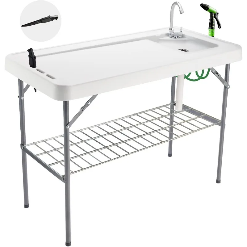 Folding Fish Cleaning Table Portable Camping Sink Table with Faucet Drainage Hose & Sprayer Outdoor Fish Fillet Cleaning