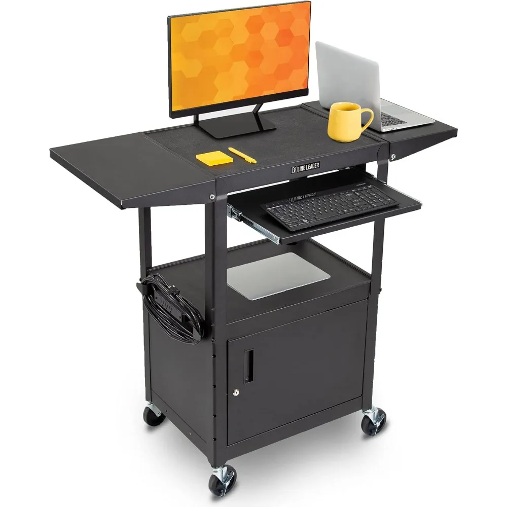 

Line Leader Rolling Cart with Locking Cabinet, Laptop Stand, and Drop Leaves, Height Adjustable Mobile Utility Cart Workstation