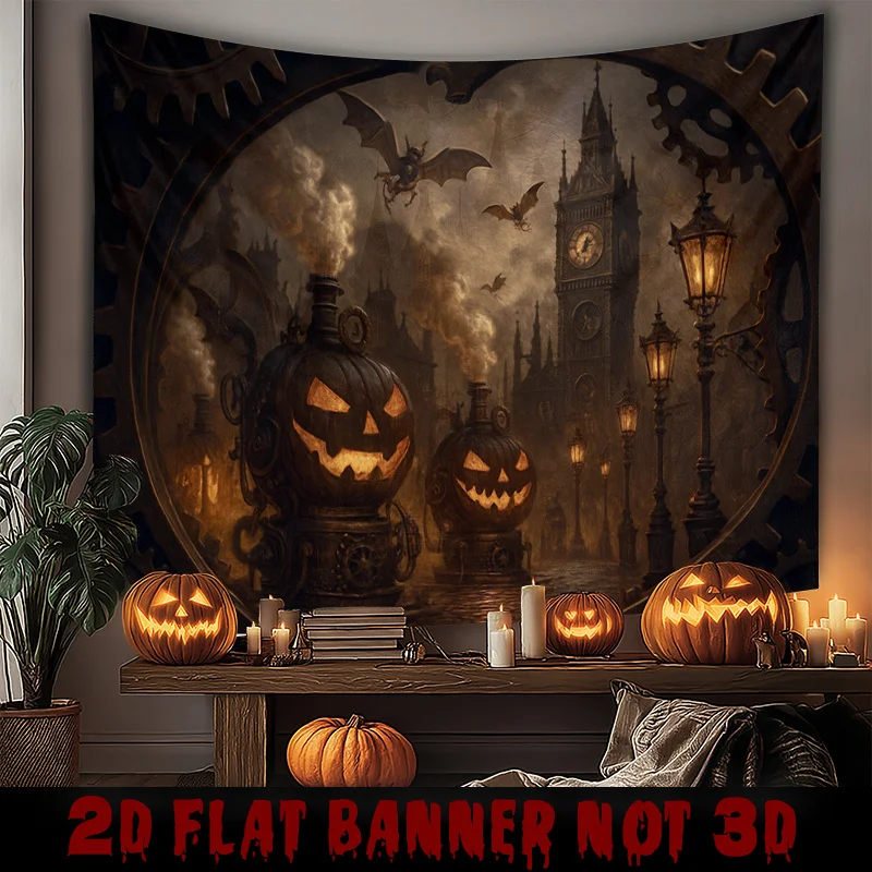 Steampunk Pumpkin Mechanism Tapestry - Industrial Gothic Halloween Background, Suitable for Indoor Party Decor