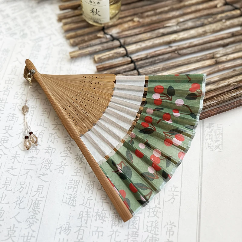 Portable Folding Fan Bamboo Fan Small Fresh Double Section Chiffon Summer Cool Women's Dancing Hand Fan Household Small Fan