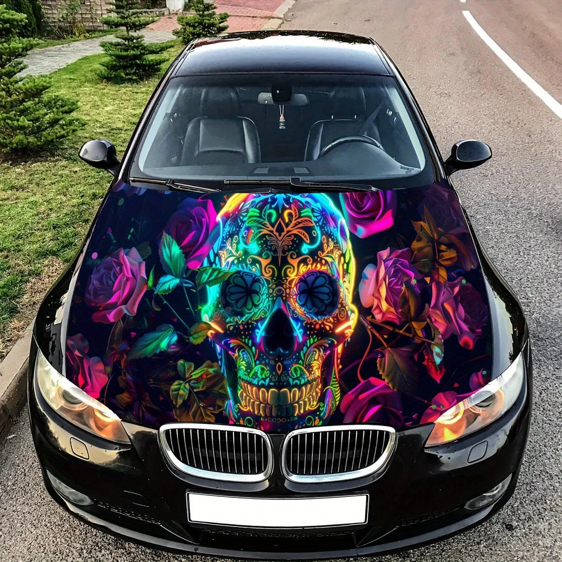 

Неоновый череп и розовая роза, обертка на капот автомобиля, цветная виниловая наклейка, графический капот грузовика, автоаксессуары, украшение, защитная наклейка, подарок