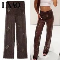 HXAO Women's Pants Spring Summer 2025 Beading Brown Trousers Sequins Translucent High Waist Pants Ladies Streetwear Casual Pants