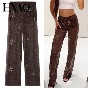 HXAO Women's Pants Spring Summer 2025 Beading Brown Trousers Sequins Translucent High Waist Pants Ladies Streetwear Casual Pants
