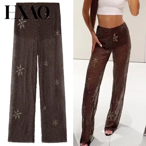 HXAO pantalones de mujer Primavera Verano 2025 pantalones marrones con cuentas lentejuelas translúcidas pantalones de cintura alta ropa de calle para mujer pantalones casuales