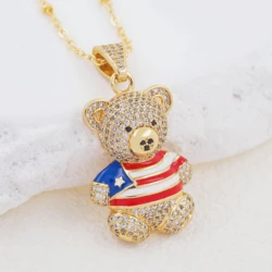 Hiphop Teddy Bear Necklace Pendant Jewelry Women Brass Pave Zircon Gold Plated Cute Enamel Bear Charms Necklace Jewelry For Men