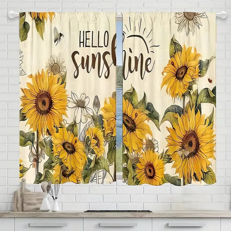 2pcs- Bees dancing on sunflowers in summer pattern printed curtains, window decorations, home decorations, room decorations