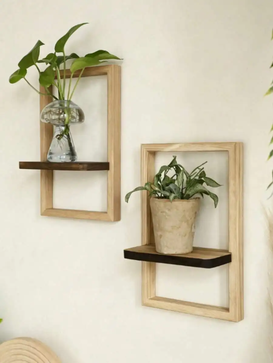 2Pcs Rustic Open‑Frame Wooden Wall‑Mounted Storage Shelves, Farmhouse Decor Floating Organizer, For Bedroom/Kitchen/Bathroom