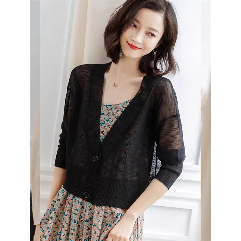 Women\'s Clothing Basic Solid Elegant V-neck Thin Knitted Cardigan Spring Autumn Casual Loose Soft Short Sweater Office Lady Top