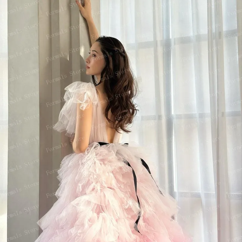 V-neck Ruffled Tie Bow Straps Light Pink Tulle Dress Open Back Layered Evening Dresses Ever Pretty Fluffy Wedding Gown For Bride