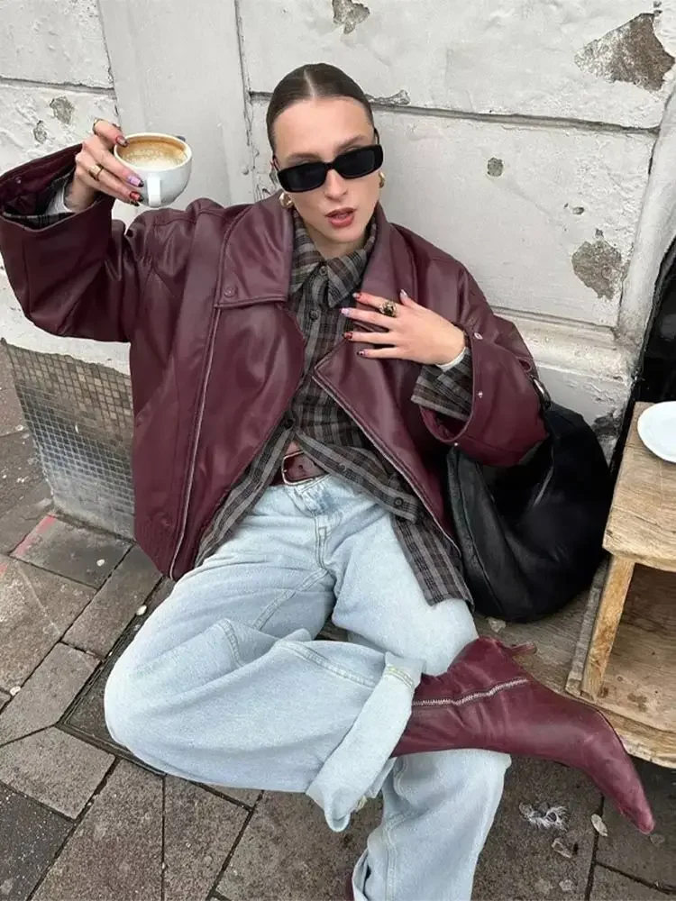 

Women Retro Zipper Lapel Pu Leather Jacket Fashion Long Sleeved With Button Short Coat 2024 Autumn New Ladies Red Chic Outerwear