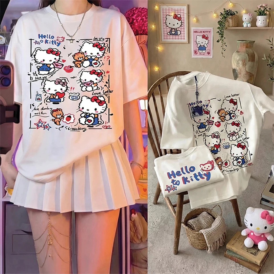Playera de Hello Kitty con estampado de carta y garabatos, algodón, Y2K, de corte amplio, linda, para mujer 3