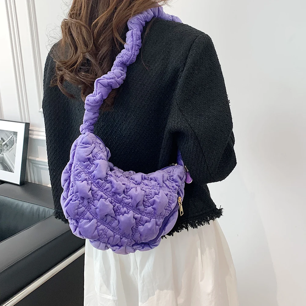 Women Quilted Pleated Sling Bag Soft Quilted Cloud Purse Solid Color Tote Handbags Ruched Top Handle Bags for Party Travel Work