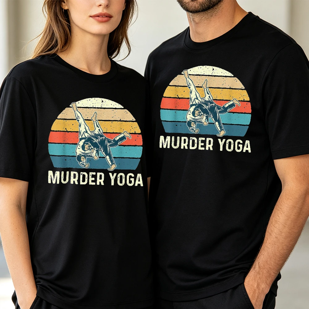 Retro Sunset Murder Yoga Print Mens Summer Short Sleeve Tops Funny Jiu Jitsu BJJ Martial Arts Graphic Tees