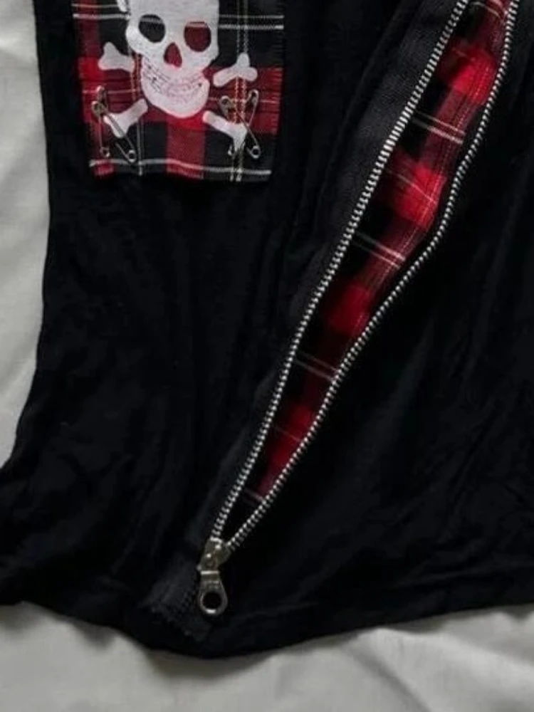 اليابانية الجمجمة الطباعة الدبابات Y2k الجمالية منقوشة المرقعة المرأة سستة تانك القمم Harajuku عارية الذراعين خمر مثير الشرير بروتيل #4