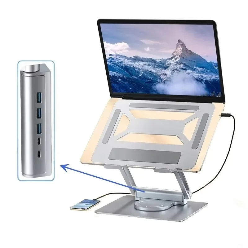 360-Degree Rotating Aluminum Alloy Laptop Stand with 5 Ports USB 3.0 Hub Expandable Silicon Surface Adjustable Tablet Stand