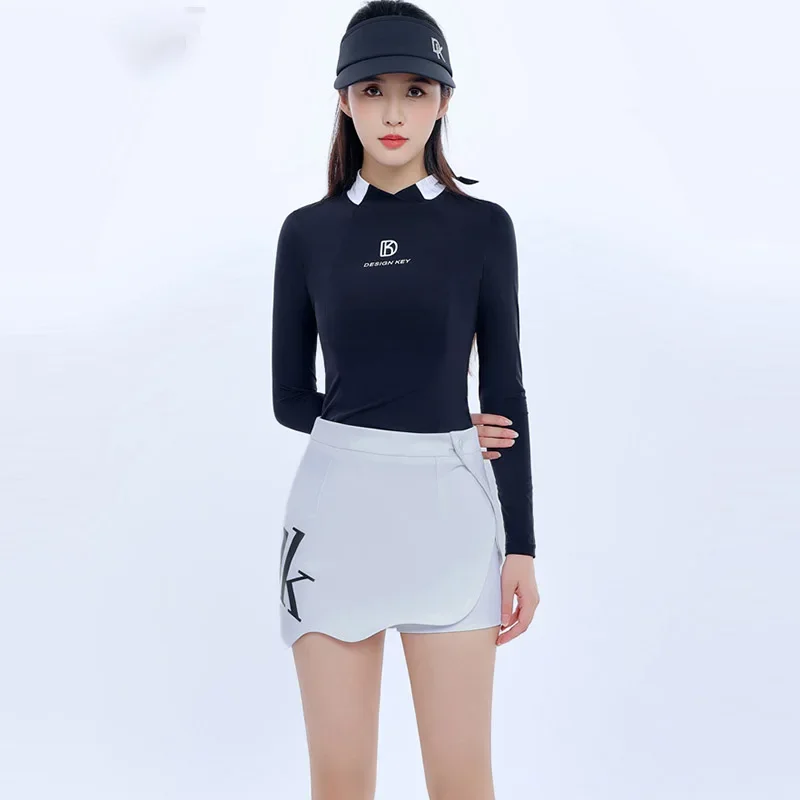 DK Female Stand Collar Golf Shirt Autumn Long Sleeve Tops Women Slim Ruffle Golf Skirt Anti-empty Pencil Skorts Sporty Suits